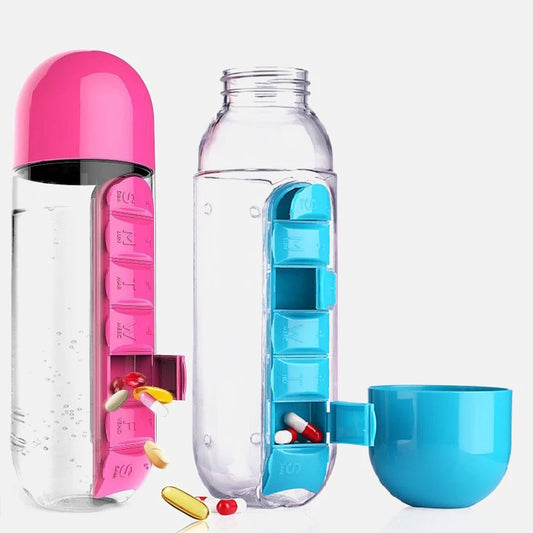 2-in-1 Pill Organizer & Water Bottle – 600ml, 7 Compartments