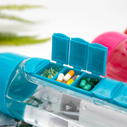 2-in-1 Pill Organizer & Water Bottle – 600ml, 7 Compartments